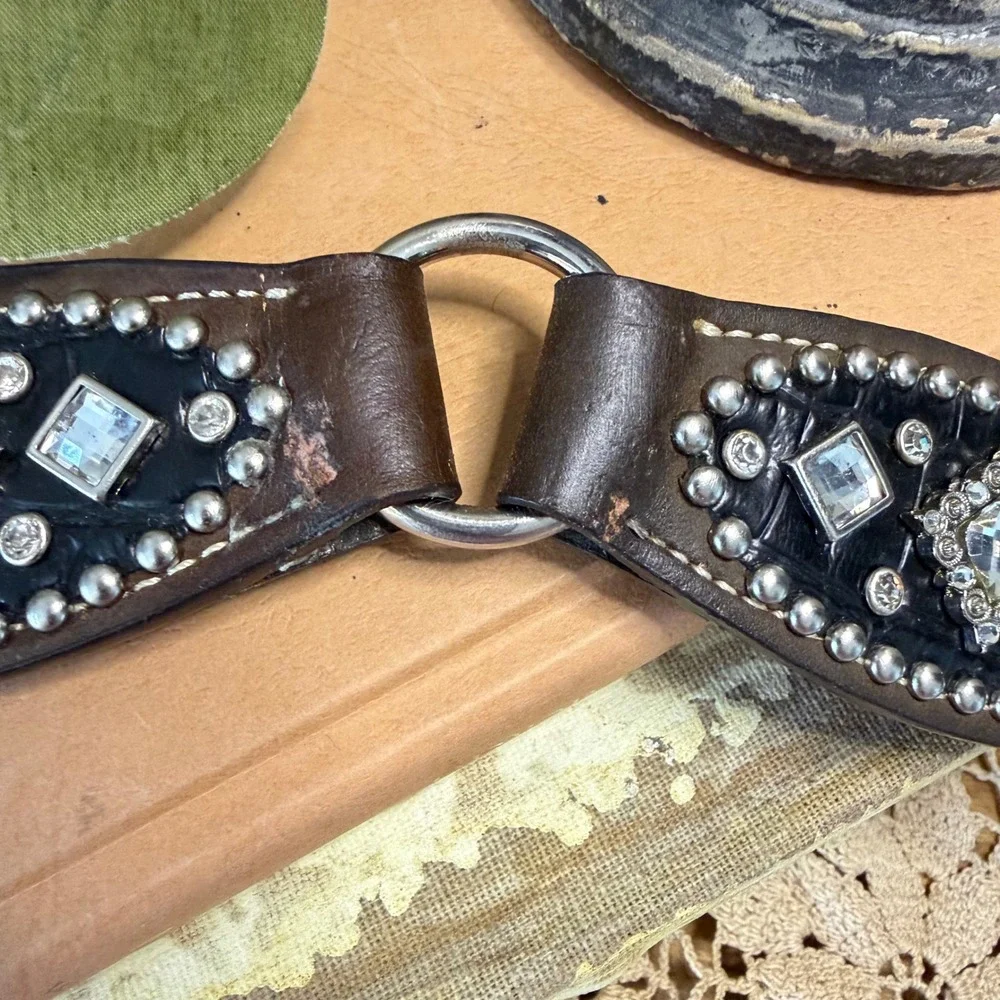 Nocona Belt Co Womens Brown Black Leather Rhinestone Studded Western Belt Small